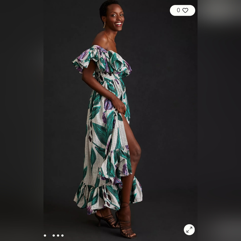 Sika Anthropologie Off-the-Shoulder Printed Maxi Dress Gree, Purple & White Sz 2 - Picture 3 of 16